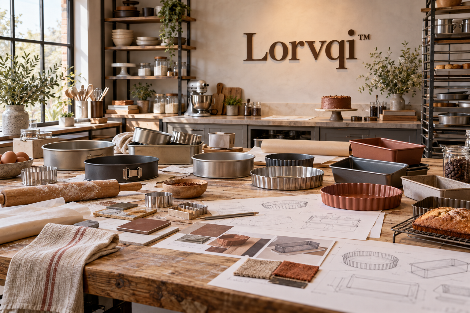 Lorvqi baking tools studio with pan prototypes, rolling pins, sketches and material samples